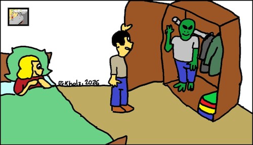 Cartoon: Ertappt... (medium) by SMK1978 tagged alien,ertappt,untreue,treuebruch,ehe,mann,frau,ausserirdischer,kleiderschrank,schlafzimmer,versteck,scham,verlegenheit