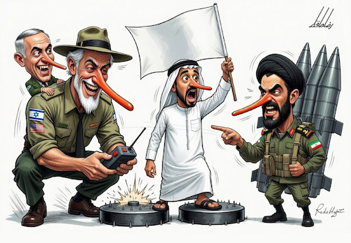 Cartoon: Attempt to Entangle the Gulf (medium) by Reda Hafez tagged war,isreal,usa,iran,gulf