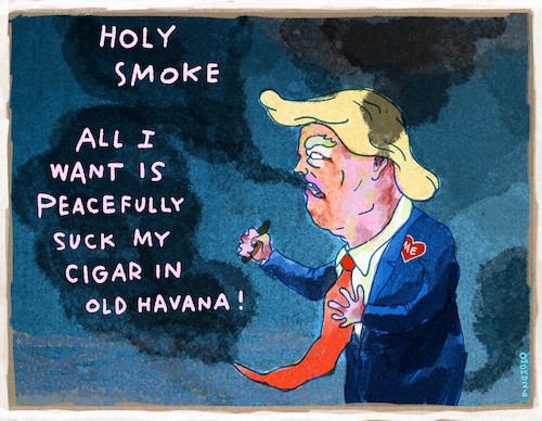 Cartoon: Holy Smoke (medium) by omoko tagged mr,president,zombie,donald,trump,dump,holy,smoke,silly,war,iran,cuba,imperialism,nightmare,earth,fuckup,doom,idiotism,cigars,havana,habana,fedup,impatience,greed,cure,kill,rockets,drones,mine,bomb,fart,bad,breath,cloud,darkness,pessimism,omoko