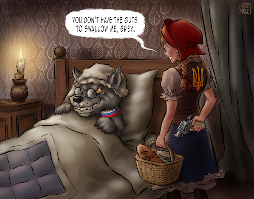 Cartoon: Digestive Problem (medium) by Cyberwolf tagged red,riding,hood,girl,wolf,fairy,tale,russia,ukraine,war,metaphor