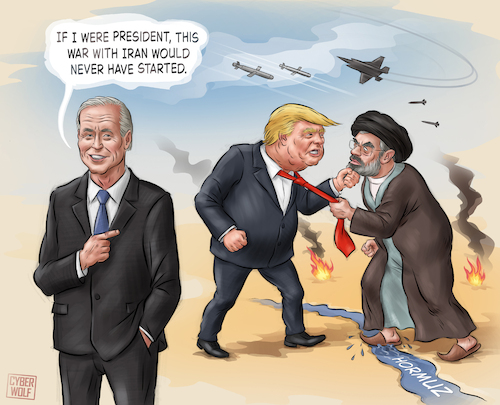Cartoon: Political Echo (medium) by Cyberwolf tagged iran,usa,war,middle,east,conflict,biden,trump,khamenei,hormus,strait,of,hormuz
