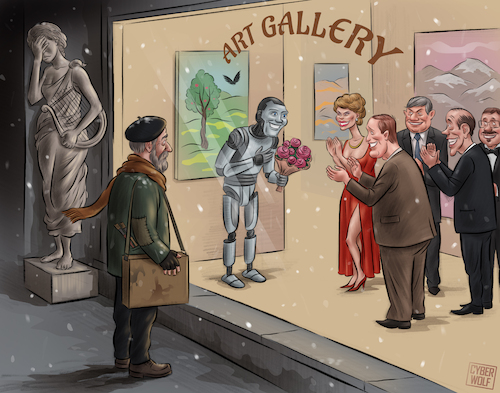 Cartoon: Shift in Priorities (medium) by Cyberwolf tagged ai,art,artificial,intelligence,imitation,human,vs,machine,contemporary