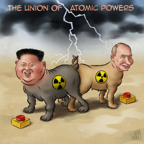 Cartoon: The Union of Atomic Powers (medium) by Cyberwolf tagged nuclear,weapon,atomic,putin,kim,jong,un,russian,agression
