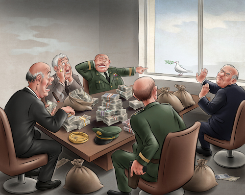 Cartoon: Unwelcome Visitor (medium) by Cyberwolf tagged peace,dove,anti,war,arms,money,bags,greed,cigar,gun,olive,branch,pigeon