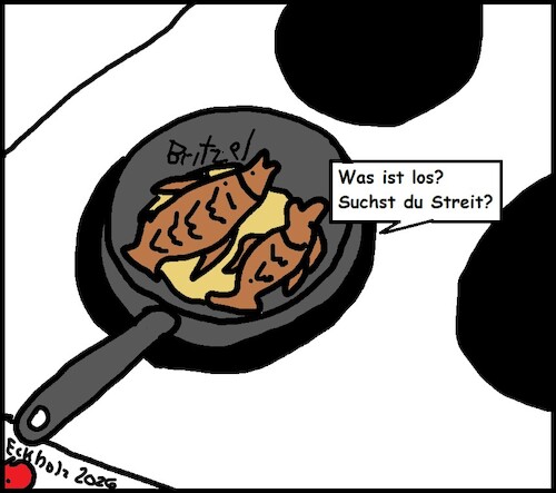 Cartoon: Suchst du Streit? (medium) by Pummel tagged fisch,pfanne,brutzeln,braten,streit,provokation
