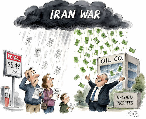 Cartoon: The Windfall (medium) by fkiwy tagged iran,war,oil,prices,strait,of,hormuz,energy,crisis,companies,big,bp,exxonmobil,chevron,fuel,markets