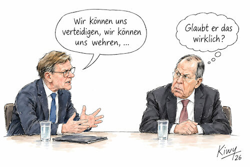 Cartoon: Wadephul (medium) by Frank Kiwy tagged johann,wadephul,sergej,lawrow,russland,ukrainekrieg,wehrfähigkeit,hybride,kriegsführung,un,johann,wadephul,sergej,lawrow,russland,ukrainekrieg,wehrfähigkeit,hybride,kriegsführung,un
