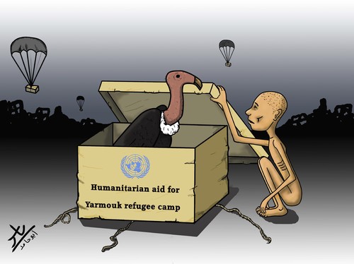 Cartoon: Humanitarian aid (medium) by yaserabohamed tagged humanitarian,aid,starvation,hunger,palestine,refugee,camp,of,yarmouk