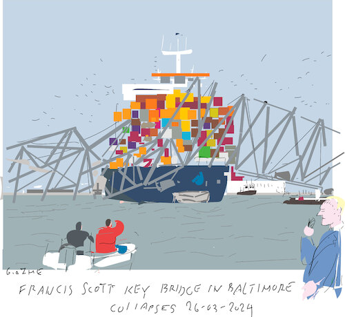 Cartoon: Baltimore key bridge (medium) by gungor tagged disaster,for,steel,frame,bridge,disaster,for,steel,frame,bridge