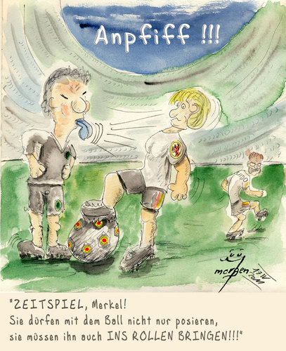 Cartoon: Zeitspiel (medium) by Lupe tagged akw,merkel,atom,anti,cdu,stadion,moratorium,fussball