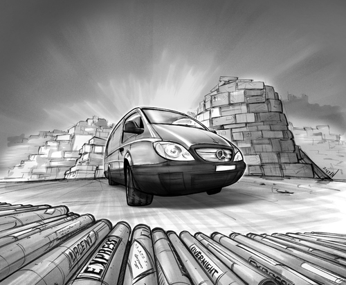 Cartoon: DB Vito (medium) by Zoltan tagged daimler,benz,mercedes,vito,pakete,paketdienst,weitwinkel,gebogene,fluchtpunkte,sw,bildkomposition