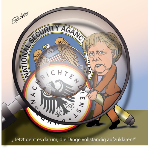 Cartoon: BND  NSA  Kanzlerin (medium) by ESchröder tagged bundeskanzlerin,angela,merkel,bnd,nsa,usa,deutschland,spionageskandal,bundeskanzleramt,bundesregierung,aushorchen,informieren,defizite,lupe,aufklärung