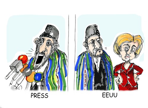 Cartoon: Hamid Karzai (medium) by Dragan tagged hamid,karzai,hillary,clinton,afganistan,eeuu,kabul,politics,cartoon