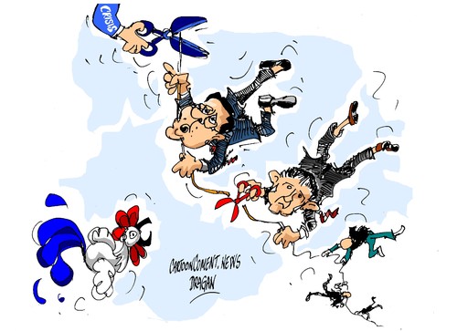 Cartoon: Hollande-Valls-Crisis (medium) by Dragan tagged francia,francois,hollande,manuel,valls,crisis,economica,politics,cartoon