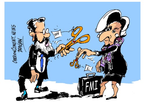 Cartoon: Rajoy-Lagarde-ajuste fiscal (medium) by Dragan tagged mariano,rajoy,christine,lagarde,fondo,monetario,internacional,fmi,espana,cricis,economica,politics,cartoon