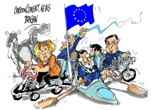 Cartoon: Union Europea-cumbre (medium) by Dragan tagged cumbre,bruselas,union,europea,ue,canciller,angela,merkel,presupuestos,politics,cartoon