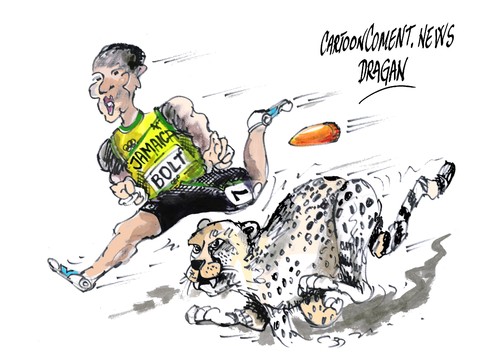 Cartoon: Usain Bolt-Hombre Bala (medium) by Dragan tagged usain,bolt,hombre,bala,jamaica,londres,velocidad,juegos,olimpicos,deporte,cartoon