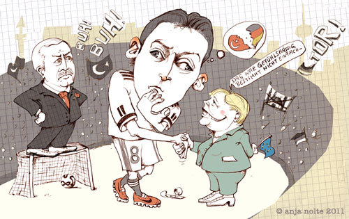 Cartoon: Merkel gratuliert Özil zum Tor (medium) by Anja Nolte tagged fusball,özil,mesut,merkel,angela,erdogan