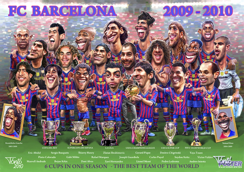 Cartoon: FC Barcelona poster (medium) by Tonio tagged led,pedro,ibrahimovic,zlatan,marquez,rafael,iniesta,andres,alves,dani,puyol,carles,guardiola,pep,joseph,valdez,victor,pique,gerard,keita,seydou,hernandez,xavi,catalan,espana,spanish,spanien,rey,el,copa,supercup,uefa,league,champions,fussball,football,tags
