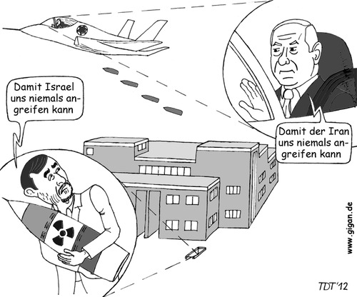 Cartoon: Bombenargumente (medium) by TDT tagged israel,iran,atomprogramm,atombombe,luftangriff,bombe,ahmadinedschad,netanjahu,bunker