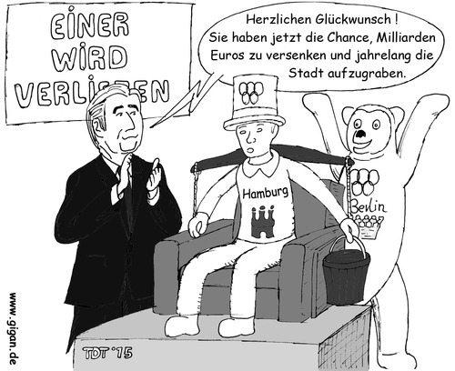 Cartoon: Einer wird verlieren (medium) by TDT tagged kuhlenkampff,schulden,sport,dosb,berlin,hamburg,bewerbung,olympiade,olympia