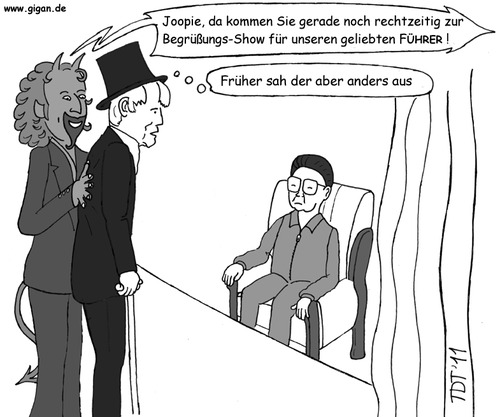 Cartoon: Jopie Heesters ist unsterblich (medium) by TDT tagged teufel,tod,reich,drittes,nationalsozialismus,führer,nordkorea,il,jong,kim,heesters,jopie
