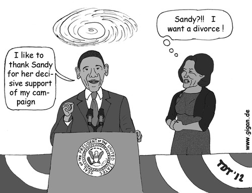 Cartoon: Sandy Obama (medium) by TDT tagged barack,obama,michelle,sandy,president,election,campaign,usa,america,first,lady,hurricane,storm,new,york