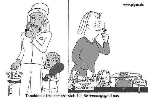 Cartoon: Tabakindustrie Betreuungsgeld (medium) by TDT tagged seehofer,schröder,vernachlässigung,erziehung,zigaretten,kita,kinder,betreuungsgeld