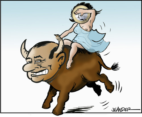 Cartoon: Rough ride - Europe and the bull (medium) by jeander tagged italy,europe,bull,depth,crises,euro,berlusconi,berlusconi,italien