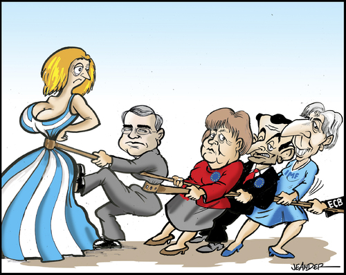 Cartoon: Greece squeese 2 (medium) by jeander tagged ecb,lagarde,imf,sarkosy,merkel,papademos,debt,loan,greece,griechenland,schulden,sarkosy,papademos