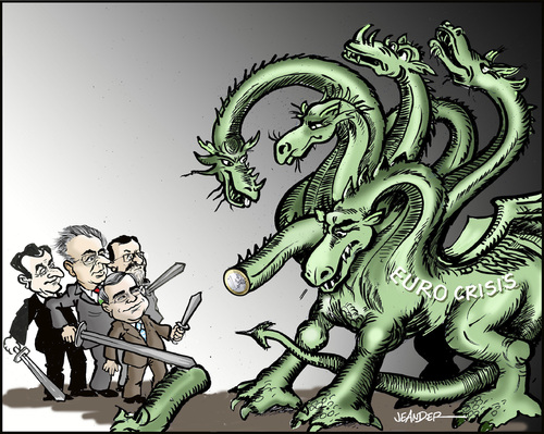 Cartoon: The European Hydra (medium) by jeander tagged euro,crisis,rajoy,papademos,monti,sarcosy,spain,greece,italy,france,spanien,griechenland,krise,europa,hydra,finanzkrise,wirtschaftskrise