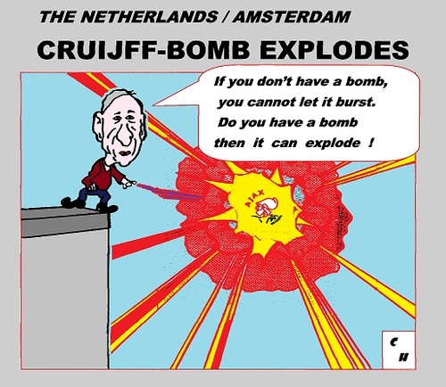 Cartoon: Cruyff Bomb Explodes (medium) by cartoonharry tagged deviantart,buurtlink,linkedin,hyves,toonsup,toonpool,dutch,cartoonharry,cartoonist,drawing,arts,art,artist,comix,comics,comic,cartoon,amsterdam,holland,soccer,ajax,troubles,explodes,bomb,god,cruyff,johan