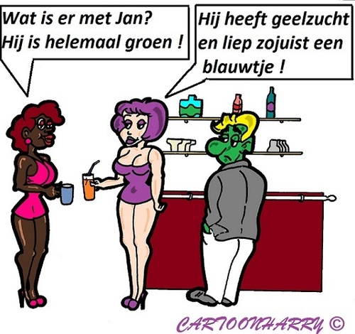 Cartoon: Geelzucht (medium) by cartoonharry tagged geelzucht,blauwtje,groen,bar,vrienden,geklets,cartoon,cartoonharry,cartoonist,dutch,toonpool