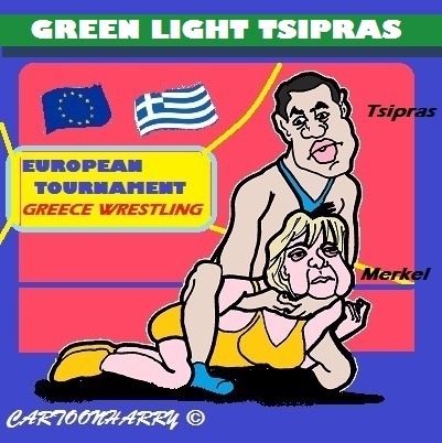 Cartoon: Green Light Tsipras (medium) by cartoonharry tagged green,merkel,tsipras,greece,wrestling,light