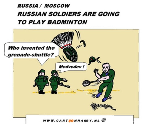 Cartoon: Grenade-Shuttle (medium) by cartoonharry tagged badminton,russia,grenade,soldiers,cartoon,cartoonharry,cartoonist,dutch,toonpool