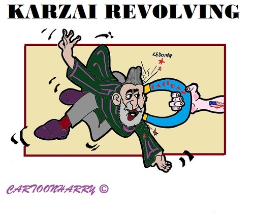 Cartoon: Hamid Karzai (medium) by cartoonharry tagged hamidkarzai,karzai,afghanistan,usa,taliban,negotiations,turning,cartoonharry,toonpool