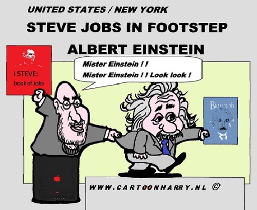 Cartoon: Jobs As Einstein (medium) by cartoonharry tagged biography,steve,jobs,albert,einstein,cartoon,comic,comics,comix,artist,art,arts,drawing,cartoonist,cartoonharry,toonpool,toonsup,hyves,linkedin,buurtlink,deviantart