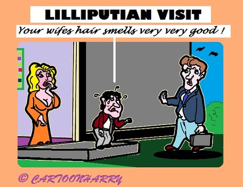 Cartoon: Lilliputian Visit (medium) by cartoonharry tagged lilliputian,man,wife,odour,visit