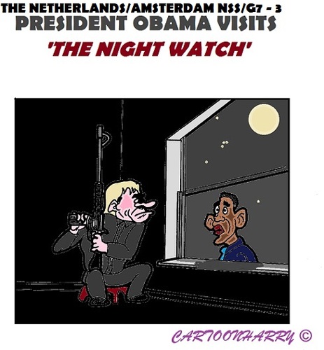 Cartoon: Obama to Rijksmuseum (medium) by cartoonharry tagged holland,amsterdam,rijksmuseum,nightwatch,obama,nss,g7