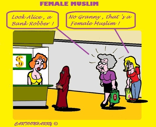 Cartoon: Robbery (medium) by cartoonharry tagged granddaughter,granny,muslima,robbery,bank
