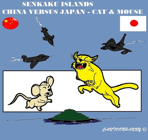Cartoon: Senkaku Islands (medium) by cartoonharry tagged senkaku,islands,cat,mouse,jets,fighters,china,japan,cartoon,cartoonist,cartoonharry,dutch,toonpool