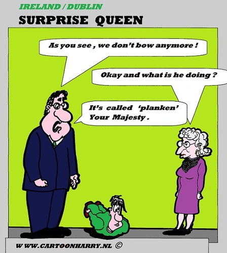 Cartoon: Surprise Queen Elisabeth (medium) by cartoonharry tagged dutch,toonpool,cartoonharry,cartoonist,drawing,arts,art,cartoon,planking,planken,england,ireland,elisabeth,queen,bow