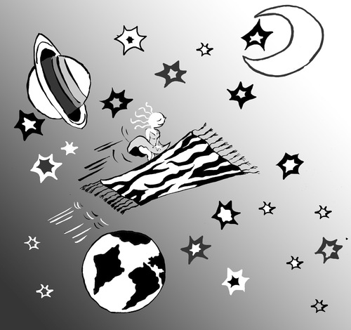 Cartoon: interstellar trip (medium) by Dekeyser tagged moon,earth,zebra,fanzine,stars,magic,carpet