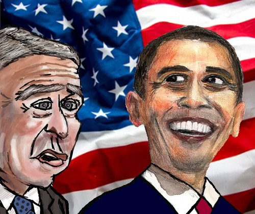 Cartoon: Forerunner and Successor (medium) by Pascal Kirchmair tagged amerikanische,american,fahne,americain,drapeau,flagge,flag,washington,amerique,staaten,vereinigte,amerika,usa,presidents,obama,barack,bush,george,banner,spangled,star,etoilee,banniere,sternenbanner,bandes,et,etoiles,stripes,and,stars