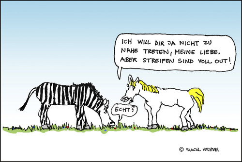Cartoon: Horse meets Zebra (medium) by Pascal Kirchmair tagged zebrure,rayures,stripes,zebrastreifen,caballo,out,horse,cavallo,cheval,fashion,modern,mode,streifen,pferd,zebre,zebra