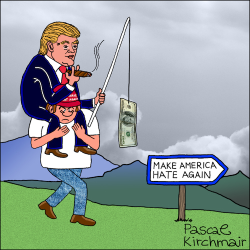 Cartoon: Make America hate again! (medium) by Pascal Kirchmair tagged donald,trump,big,money,cartoon,make,america,great,hate,again,karikatur,caricature,pascal,kirchmair,vignetta,dibujo,desenho,dessin,humour,humor,usa,president,united,states,donald,trump,big,money,cartoon,make,america,great,hate,again,karikatur,caricature,pascal,kirchmair,vignetta,dibujo,desenho,dessin,humour,humor,usa,president,united,states