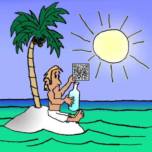Cartoon: Message in a bottle (medium) by Pascal Kirchmair tagged deception,disappointment,enttäuschung,response,quick,island,away,cast,flaschenpost,bottle,in,message,gestrandeter,code,qr,insel,isle,ile,stranded