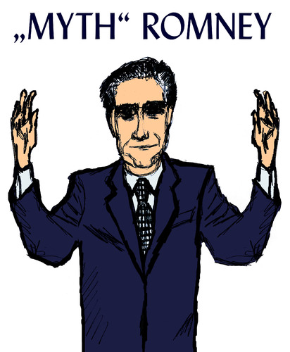 Cartoon: Romney - Myth or Reality? (medium) by Pascal Kirchmair tagged primaries,caucus,republicans,romney,myth,mitt