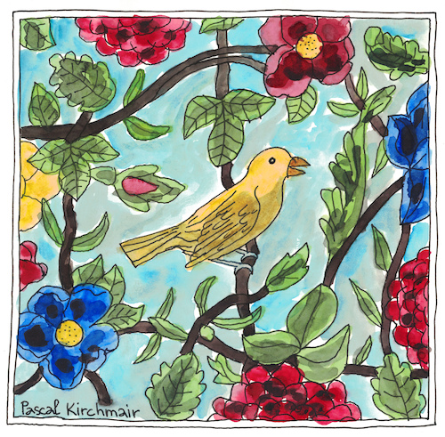 Yellow bird with flowers