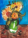 Cartoon: Three Sunflowers in a Vase (small) by Pascal Kirchmair tagged pascal kirchmair vincent van gogh sonnenblumen sunflowers vase tournesols girasoles girasoli watercolor aquarell painting dipinto cuadro quadro